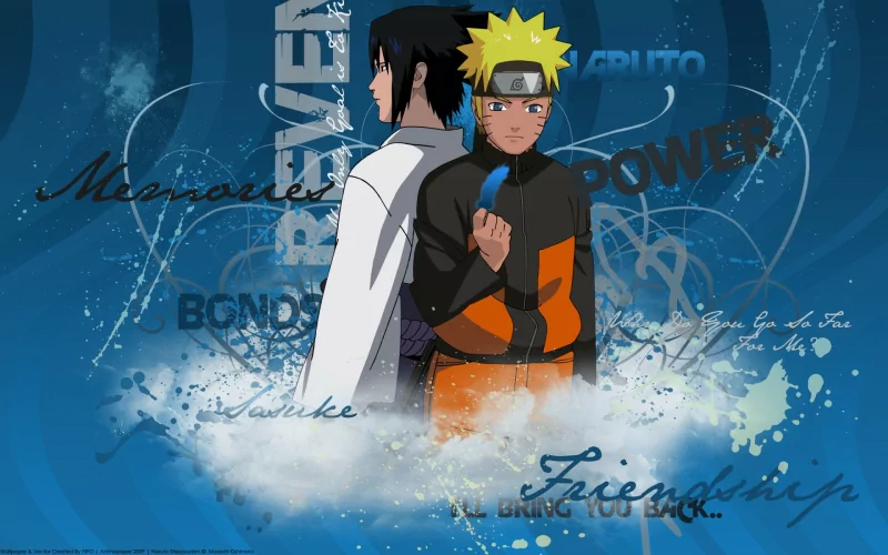 Sasuke Uchiha and Naruto Uzumaki stand back-to-back, embodying themes of revenge and friendship, set against a vibrant blue background featuring anime-style graphics.