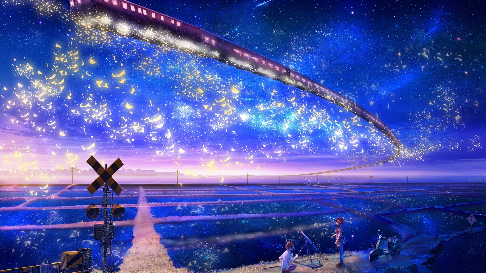 Original anime landscape: two figures at a rural railroad crossing watch a luminous comet-train streak across a star-filled blue sky over reflective fields.