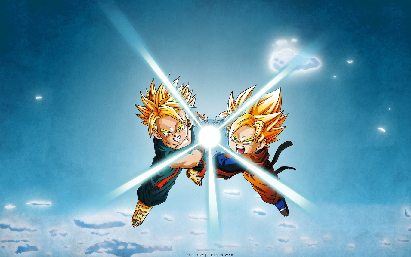 Anime-style Dragon Ball scene showing two Super Saiyan characters attacking with glowing energy blasts against a bright, cloudy sky background.