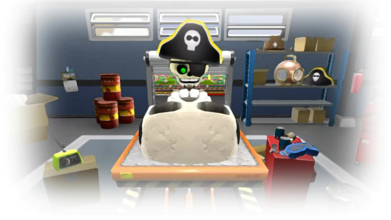 In the video game Zero Gear, a pirate-skulled robot wearing a tricorn hat sits on a workbench amid tools, paint cans and shelves in a cluttered workshop.