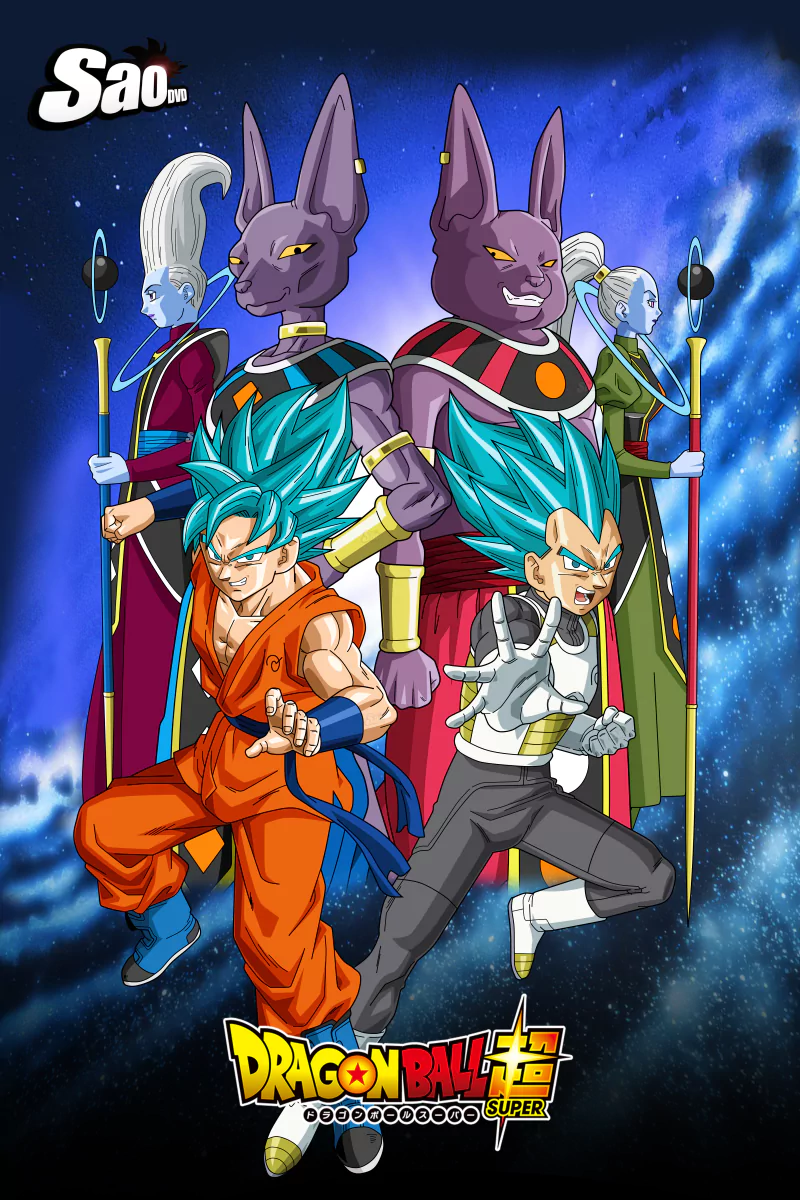 SSGSS Vegeta and Goku stand confidently in front of Whis and Beerus, showcasing their Super Saiyan Blue forms in a vibrant scene from Dragon Ball Super.