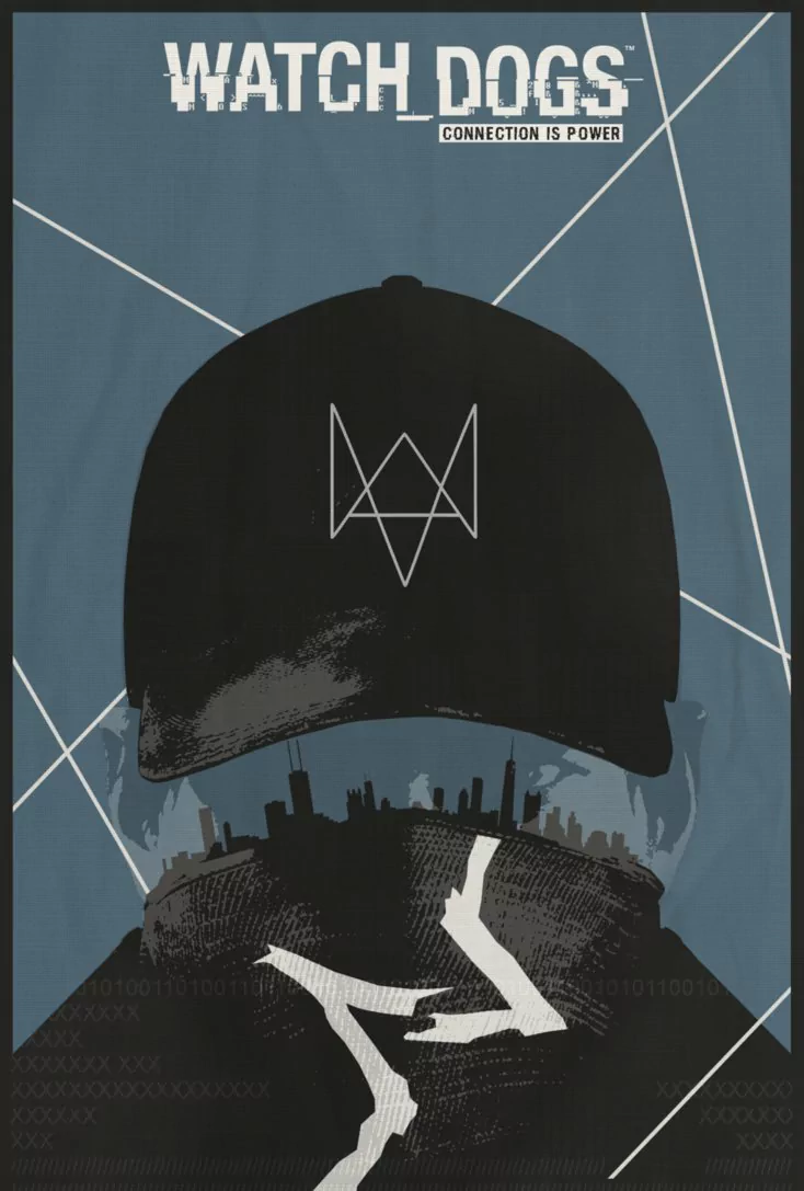 Aiden Pearce from the video game Watch Dogs is depicted wearing a cap and mask with a city skyline and digital lines in the background, highlighting the game's hacking theme.