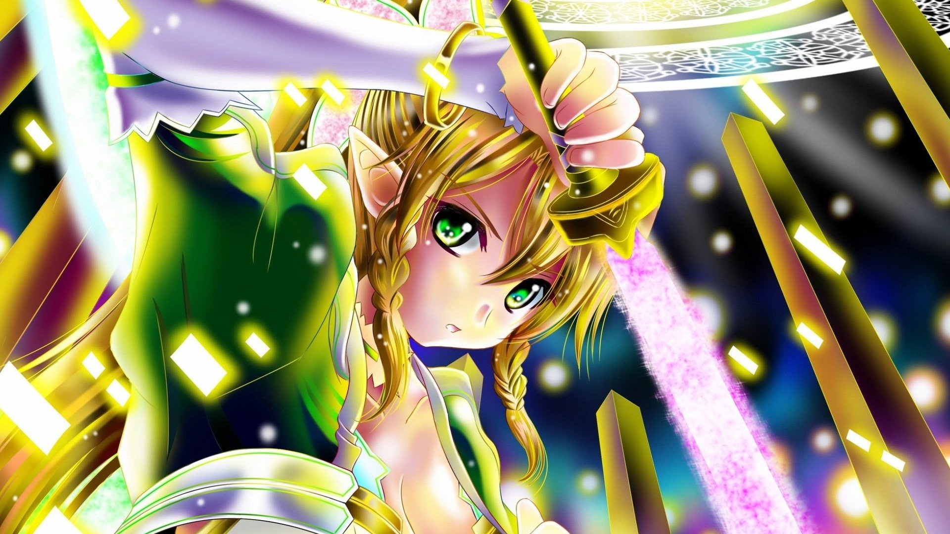 Suguha Kirigaya from Sword Art Online is depicted wielding a glowing sword in dynamic anime-style artwork.