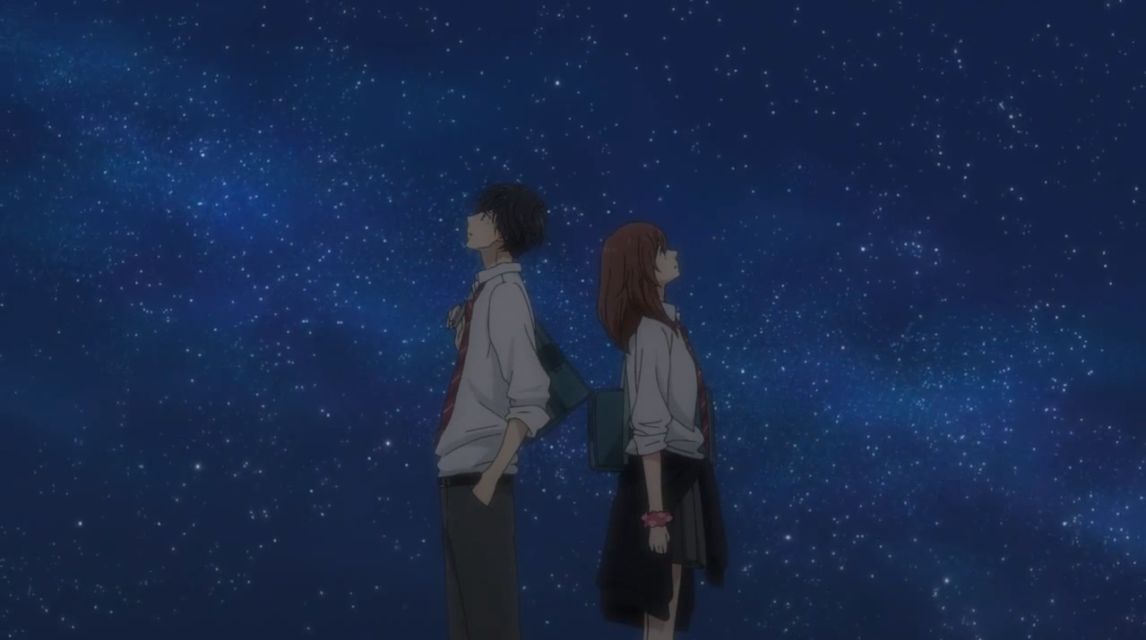 Two characters from the anime Ao Haru Ride stand back-to-back under a starry night sky.