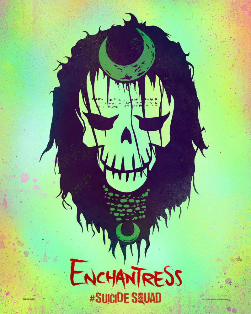 A colorful illustration of Enchantress from DC Comics, featuring a skull design and mystical symbols, promoting the movie Suicide Squad.