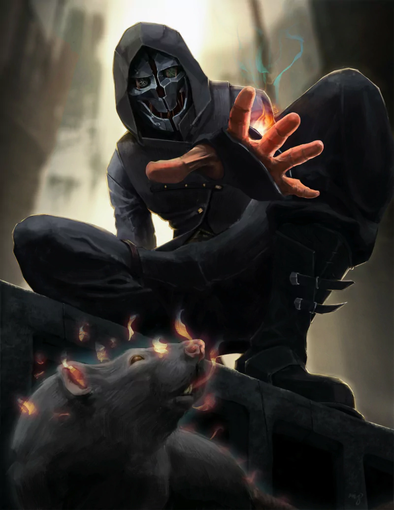 Character in a mask and hood from the video game Dishonored 2 crouches on a ledge, extending a glowing hand toward a large rat below in a dark, urban setting.