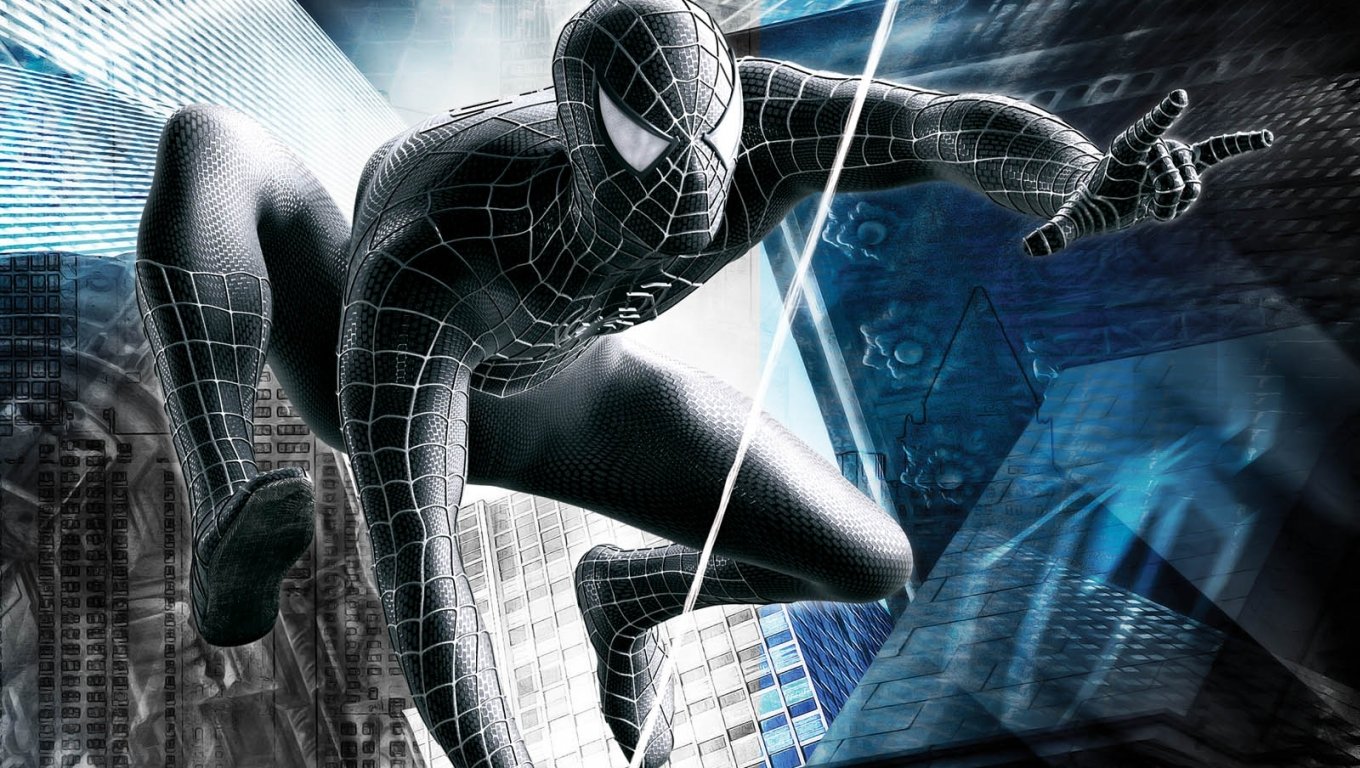 Spider-Man in the black suit swings through a cityscape, capturing an intense moment from a Spider-Man 3 video game scene.