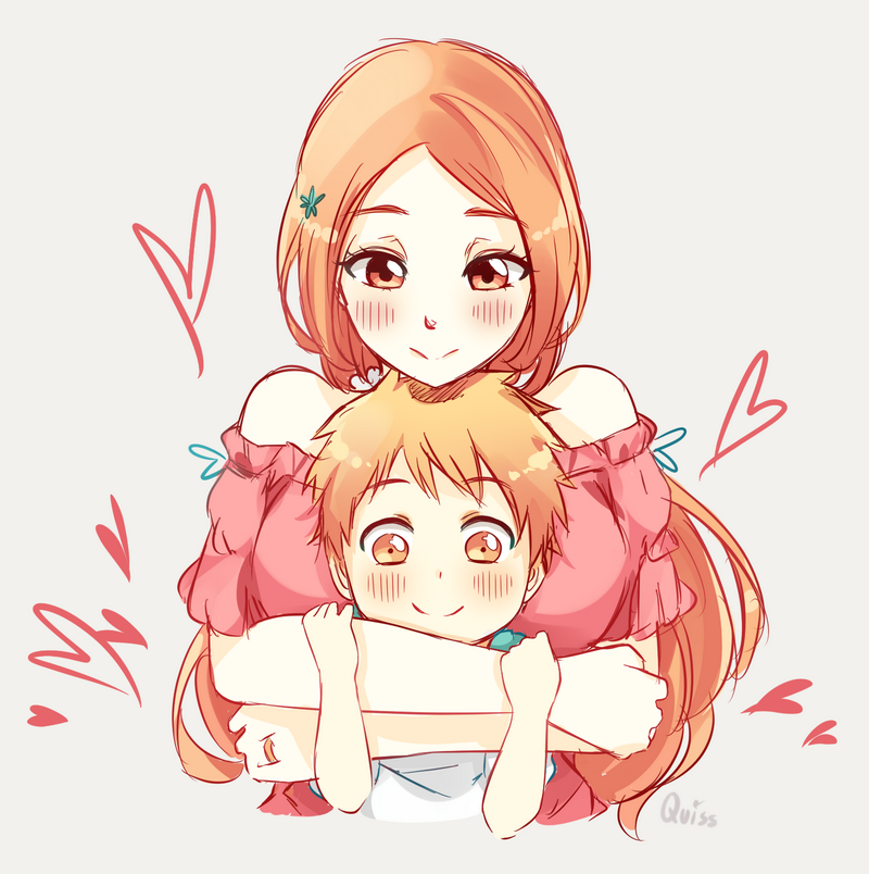 Orihime Inoue (Bleach) hugs her son Kazui Kurosaki from behind, both smiling with blushes and hearts in a warm anime-style illustration.