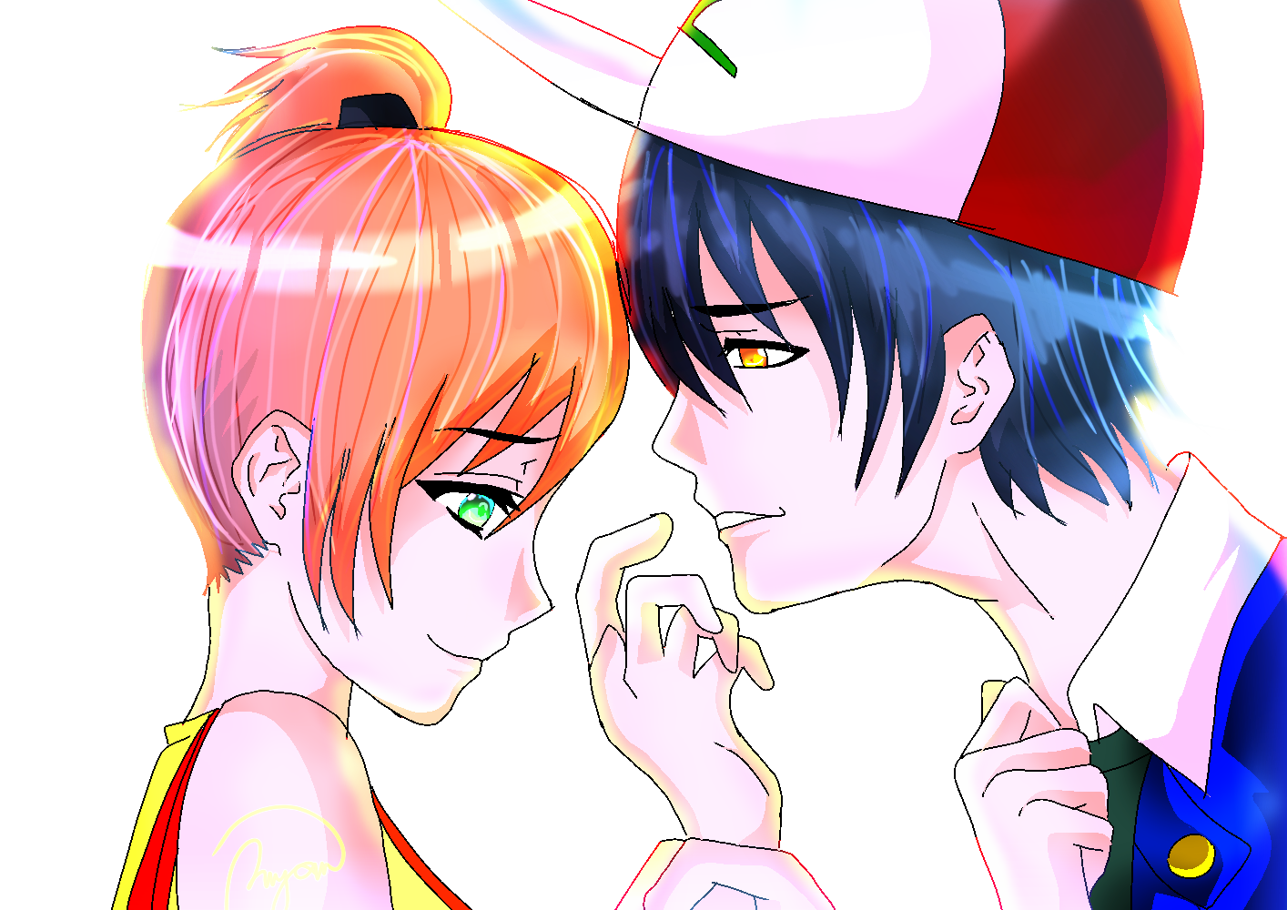 Anime-style close-up of Ash Ketchum and Misty (Pokémon) leaning in, fingertips touching as they gaze gently into each other’s eyes.