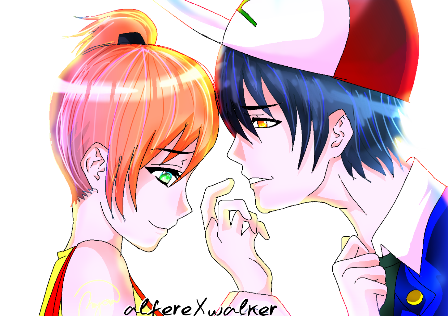 Misty (Pokémon) and Ash Ketchum in an anime-style close-up, blushing and touching fingers while gazing at each other tenderly.