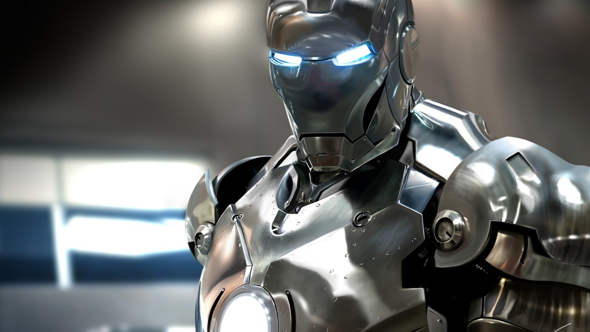 A close-up of Iron Man's sleek metallic suit, featuring glowing blue eyes and an iconic chest arc reactor, capturing the essence of the superhero from the movie.