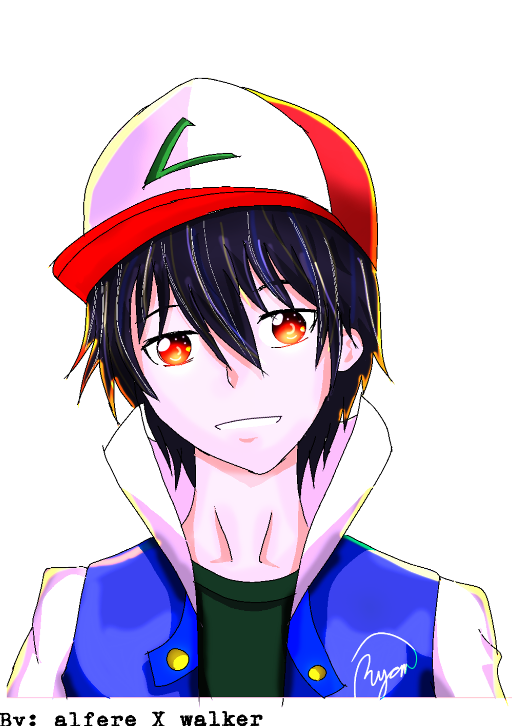 Anime-style portrait of Ash Ketchum with black hair and bright orange eyes, smiling while wearing his signature red and white cap and blue vest.