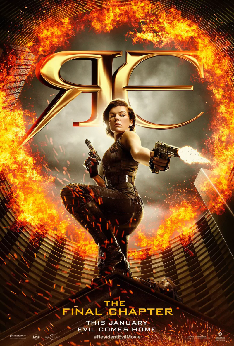 Milla Jovovich stars in Resident Evil: The Final Chapter, showcasing her character poised with firearms against a dramatic, fiery background.