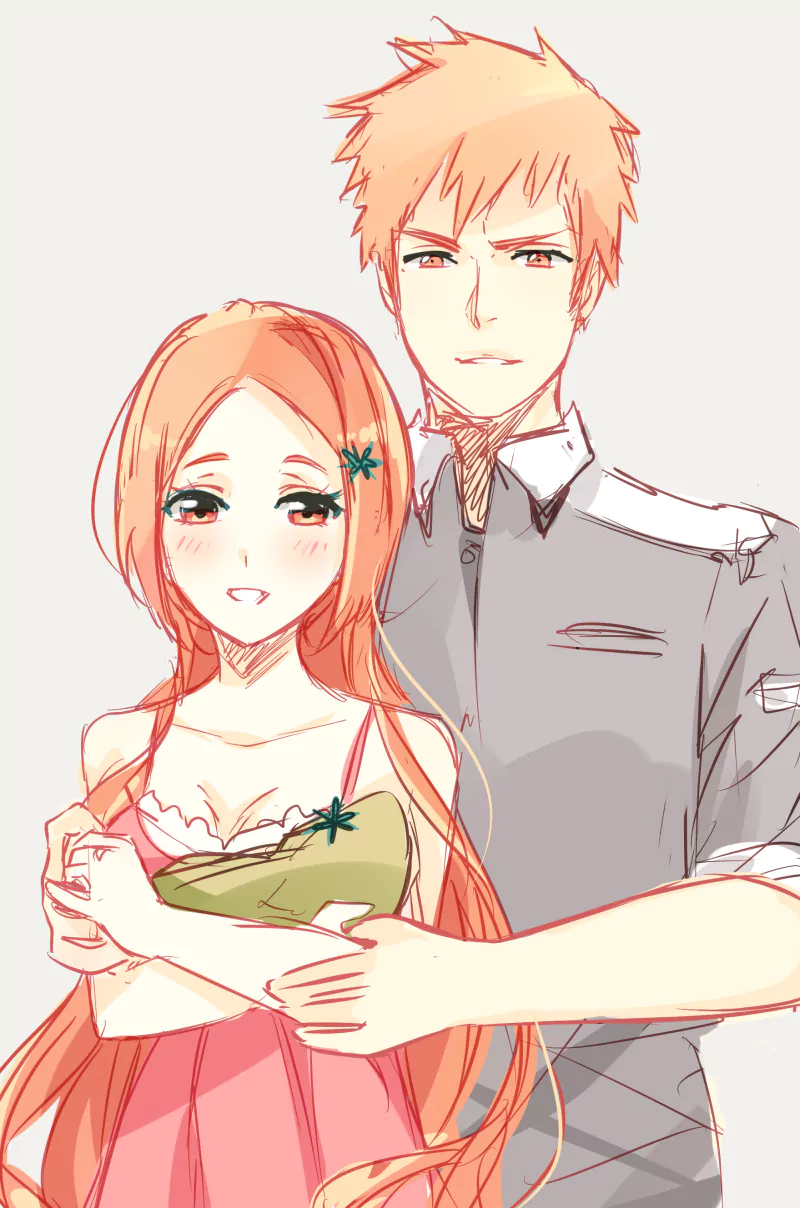 Anime-style illustration of Kazui Kurosaki and Orihime Inoue from Bleach, with Kazui embracing Orihime gently.
