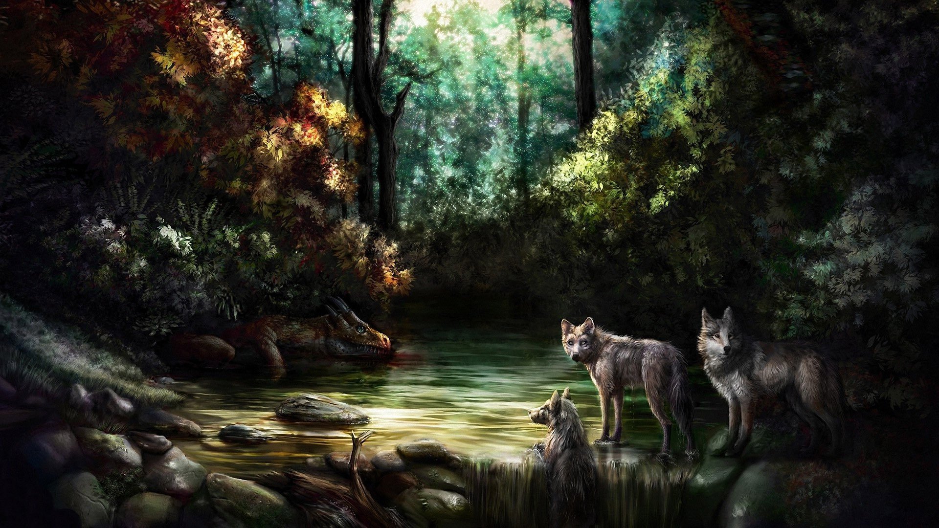 A pack of wolves gathered near a peaceful forest stream, surrounded by dense trees and dappled sunlight filtering through the canopy.