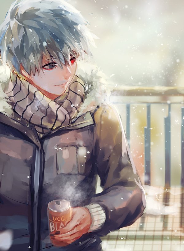 Ken Kaneki from Tokyo Ghoul stands warmly dressed in a snowy landscape, holding a cup while enjoying the winter ambiance, showcasing his serene yet complex character.