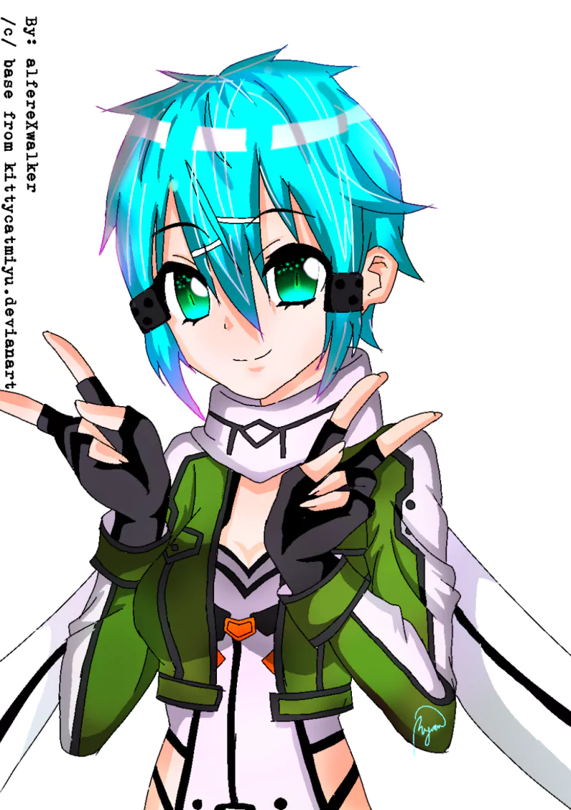 Anime-style illustration of a character from Sword Art Online with bright blue hair, green eyes, and a green and white outfit making a peace sign with both hands.