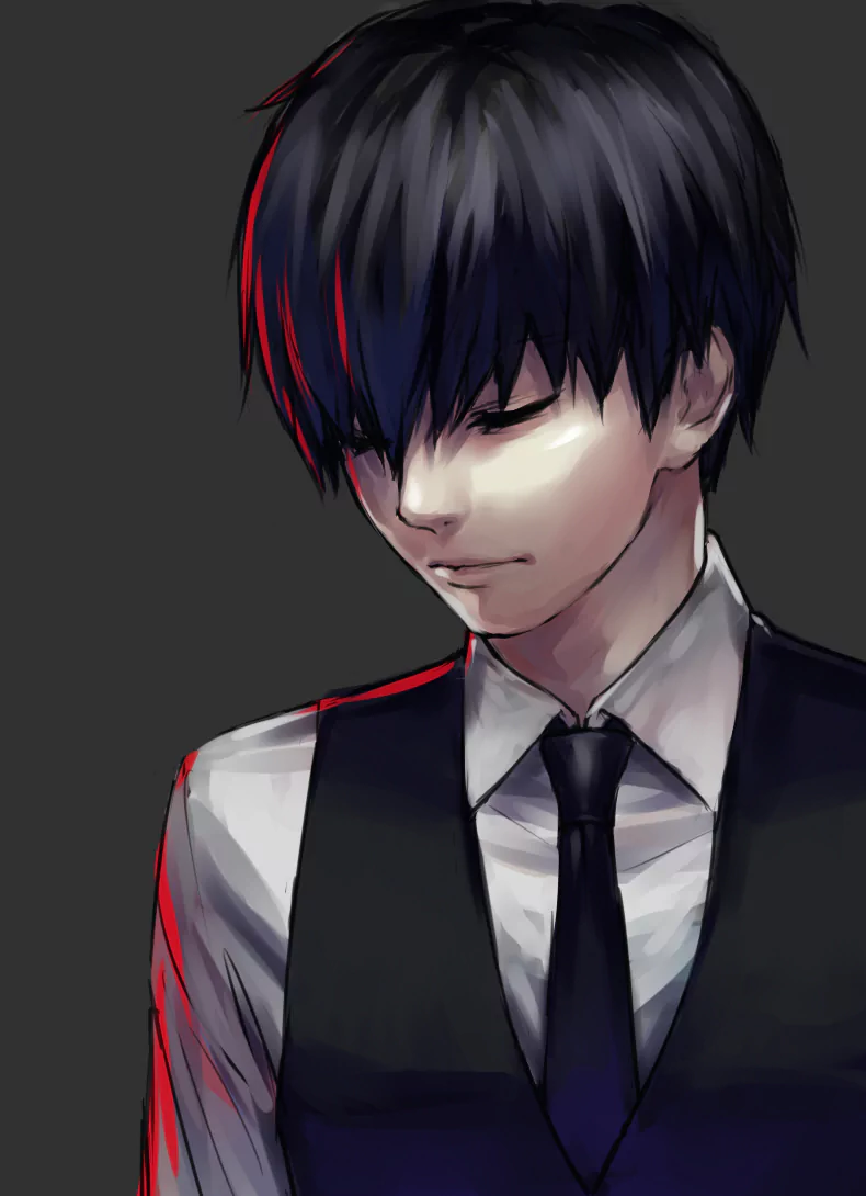 A character from the anime Tokyo Ghoul, depicted with dark hair and a somber expression, wearing a formal vest and tie against a muted background.