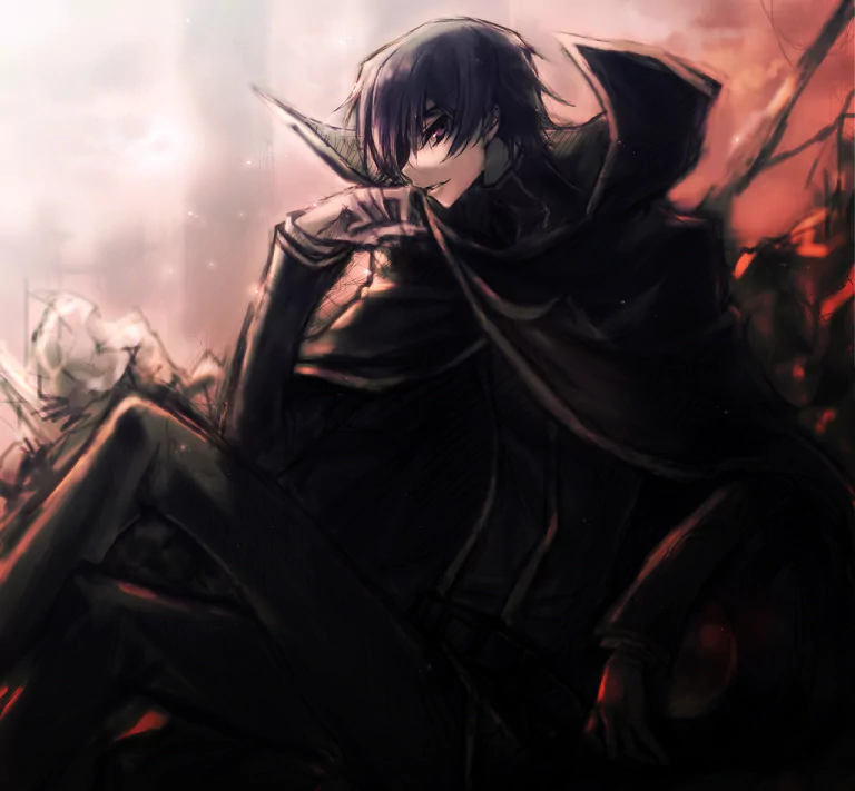 Lelouch Lamperouge from Code Geass, depicted in dark, dramatic anime style with a confident pose and intense atmosphere.