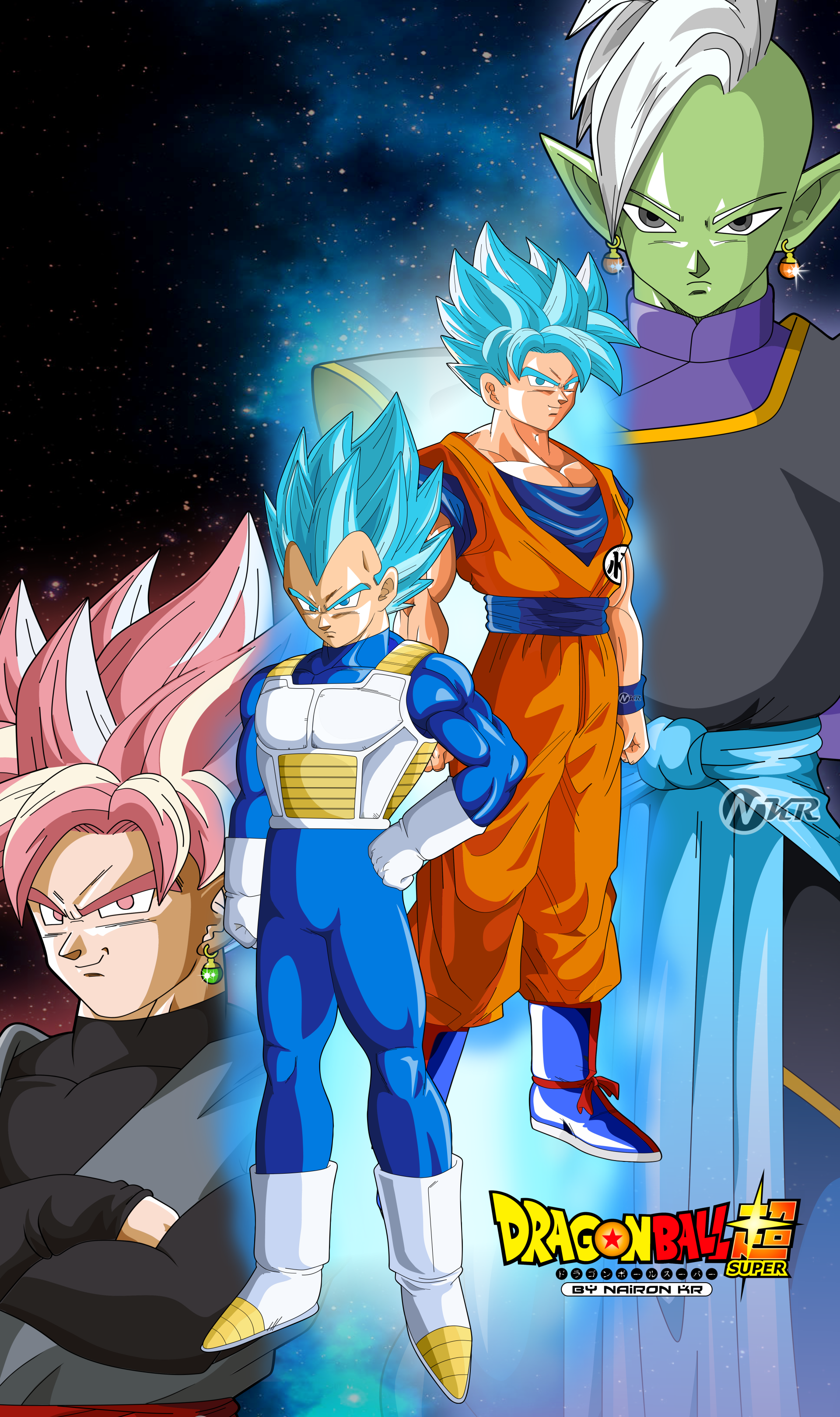 A vibrant anime scene featuring Zamasu, Black Goku in Super Saiyan Rosé form, and Goku and Vegeta in Super Saiyan Blue attire from Dragon Ball Super, set against a cosmic backdrop.