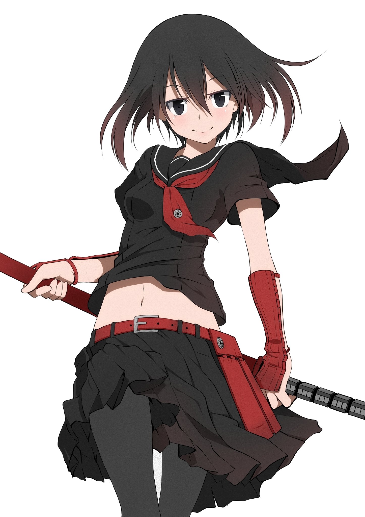 Kurome (Akame ga Kill!) — anime girl in a black sailor uniform with red accents, short dark hair, red arm guards and a sheathed katana at her hip.