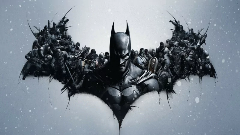 Artwork from the video game Batman: Arkham Origins features a bold depiction of Batman surrounded by a collage of villains and allies, all set against a dramatic backdrop.