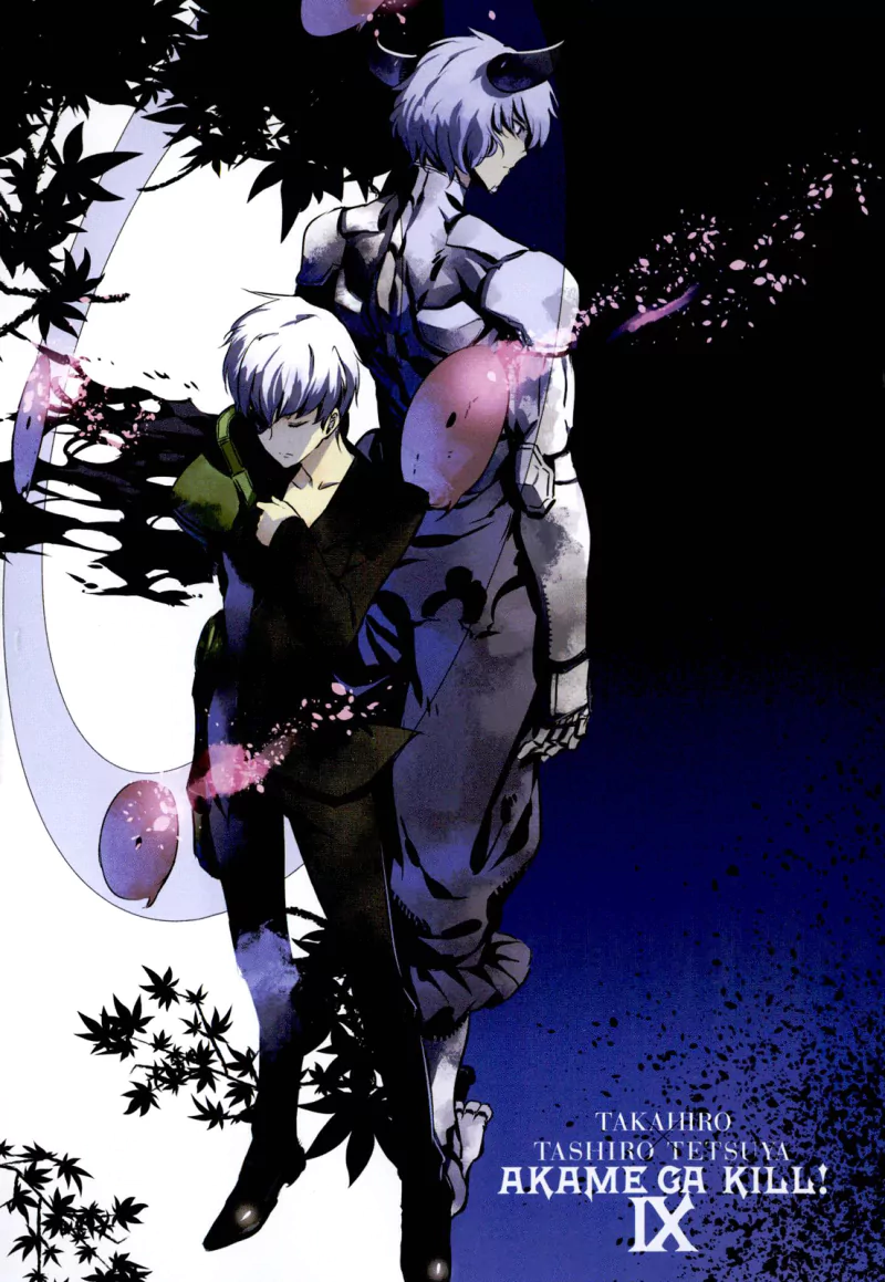 Anime poster of Susanoo and Najenda from Akame ga Kill!, standing back-to-back amid swirling petals, maple leaves and stark dark blue–white contrast.