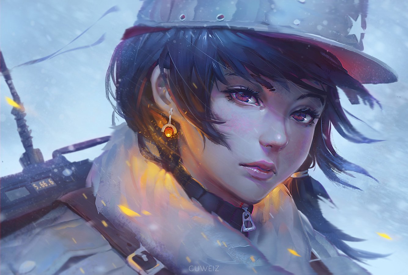 Fantasy portrait of a woman with short dark hair, fur-lined cloak and cap, snow and glowing embers, a crossbow slung across her back.