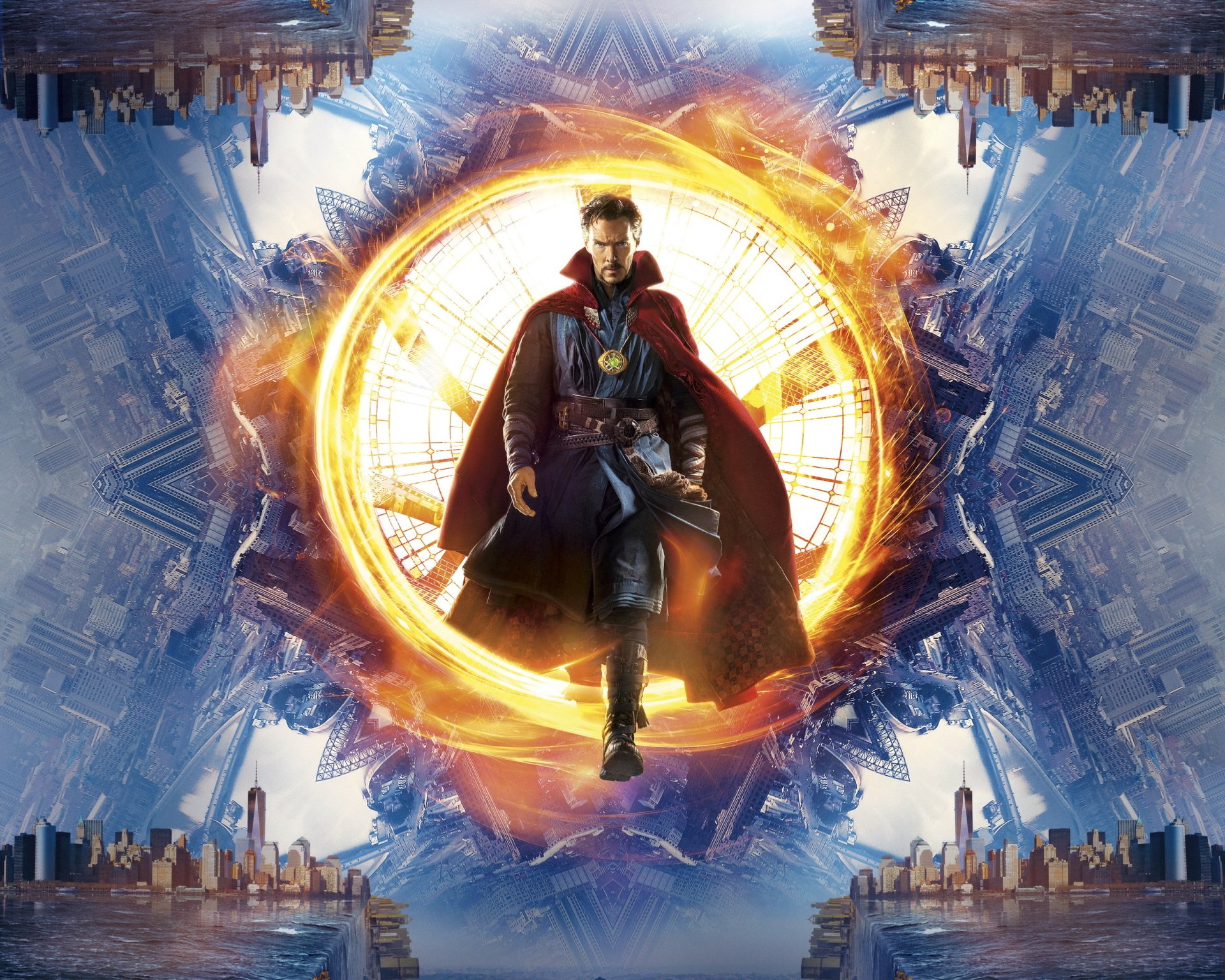 Movie poster of Doctor Strange stepping through a glowing mystical portal, cape billowing as a cityscape folds and warps around him.