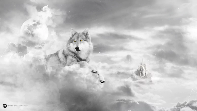 White wolf resting on fluffy clouds beneath a luminous moon in a dreamy fantasy sky with a distant cloud castle.