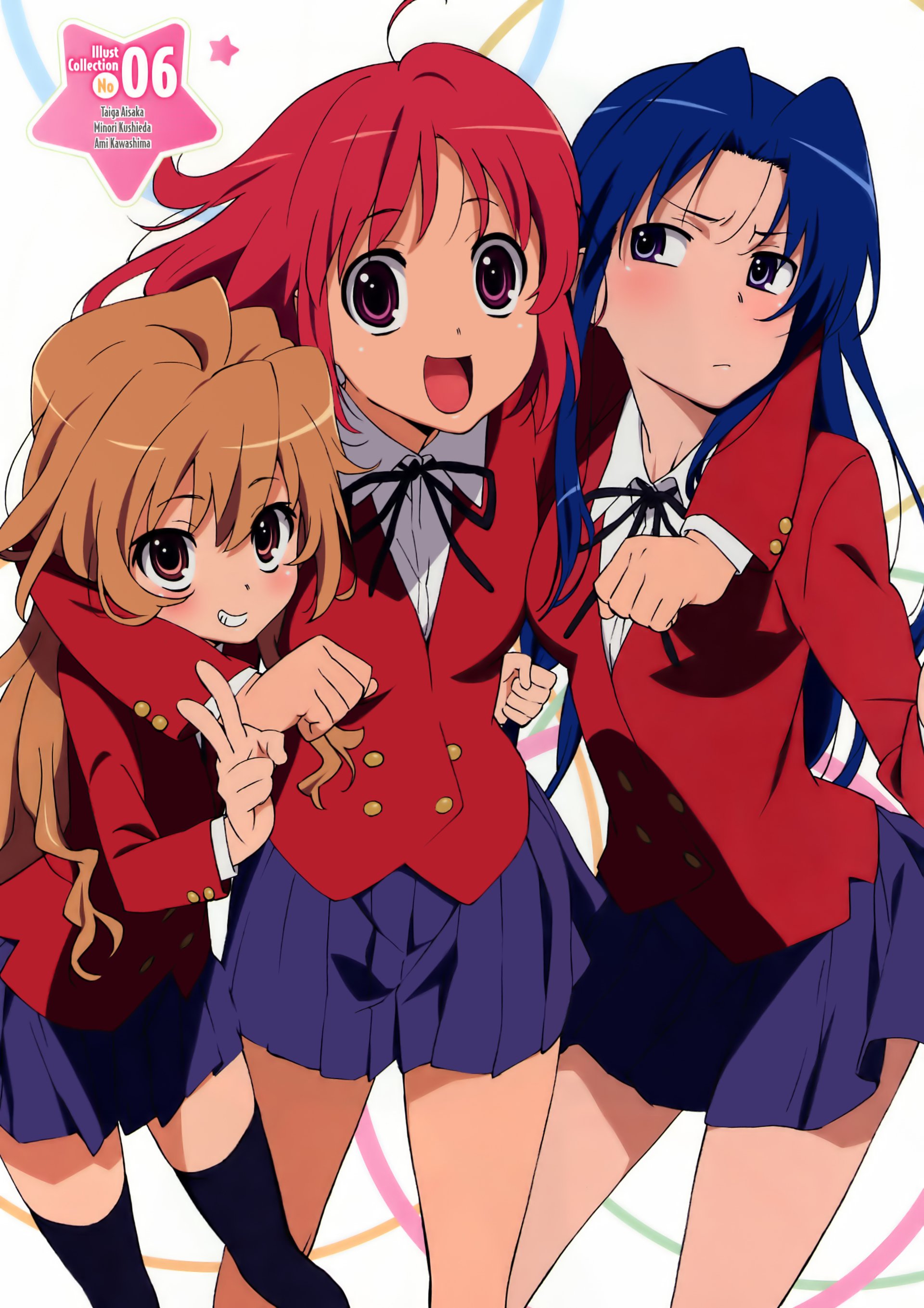 Ami Kawashima, Minori Kushieda, and Taiga Aisaka from Toradora! pose together in red school blazers and pleated skirts, striking energetic, expressive poses.