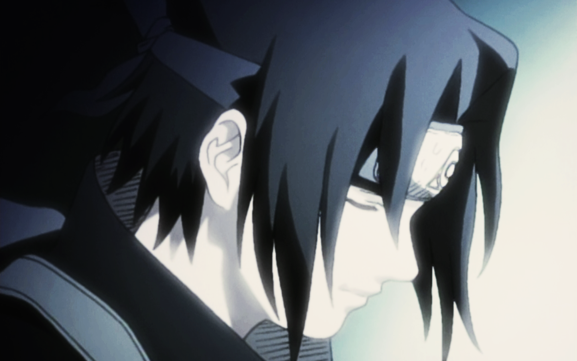 Sasuke Uchiha from Naruto is depicted in profile, showcasing his Sharingan. The image captures a moment of reflection in this iconic anime series.