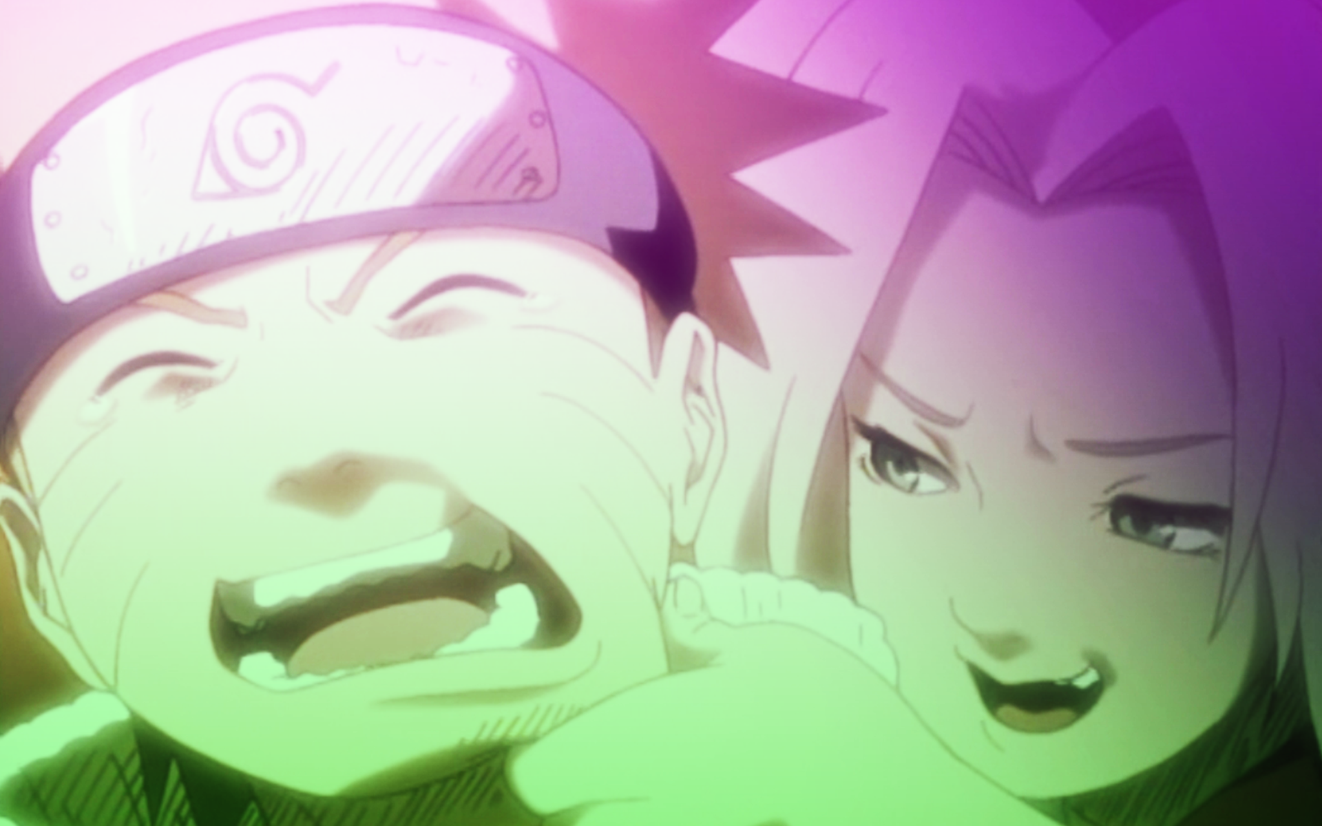 Naruto Uzumaki and Sakura Haruno share a playful moment, showcasing their friendship in this vibrant anime scene from Naruto.