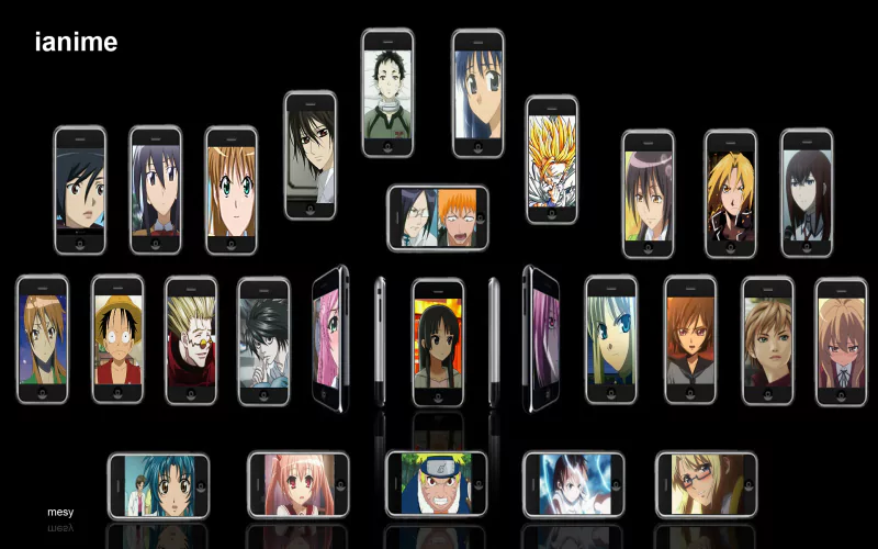 A dynamic crossover of anime characters displayed on smartphones, showcasing a vibrant collection of popular figures from various series against a sleek black background.