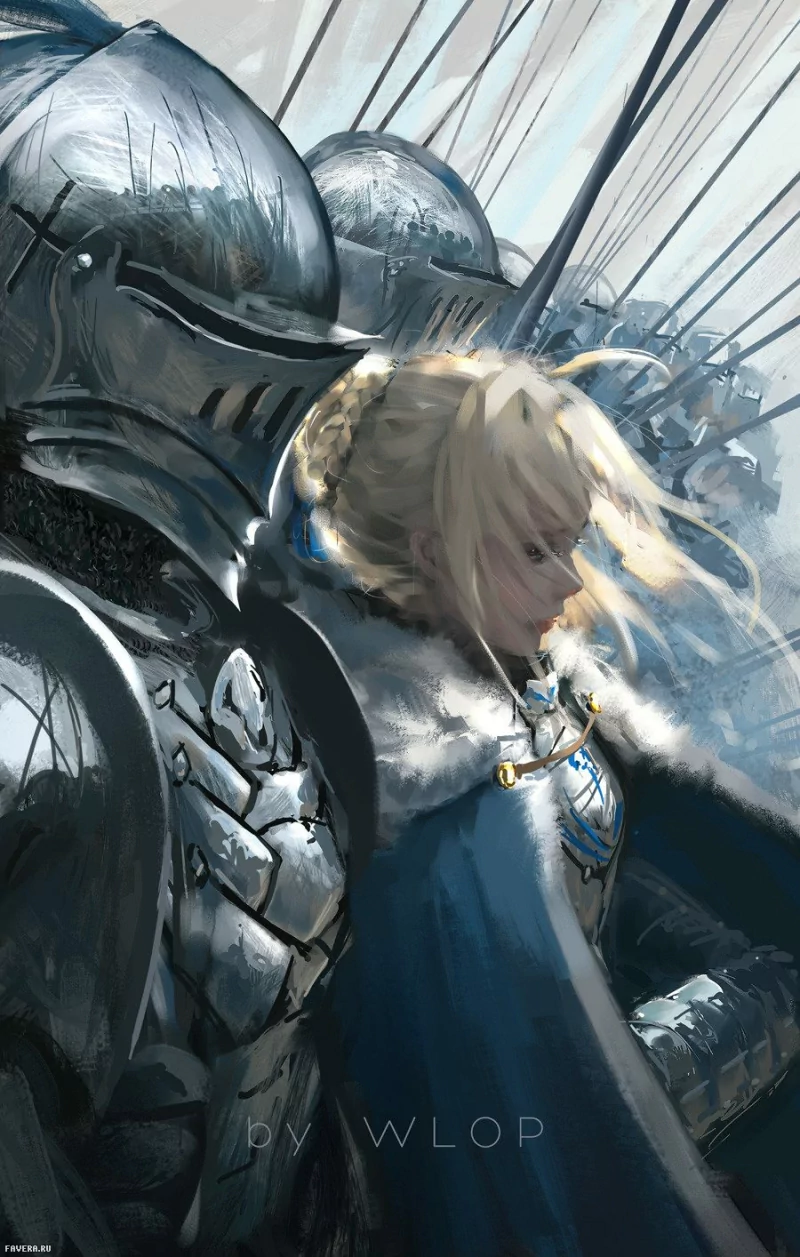 Saber from the Fate Series stands resolutely, her flowing hair caught by the wind, amidst a backdrop of armored knights, capturing the essence of the anime Fate/Stay Night.