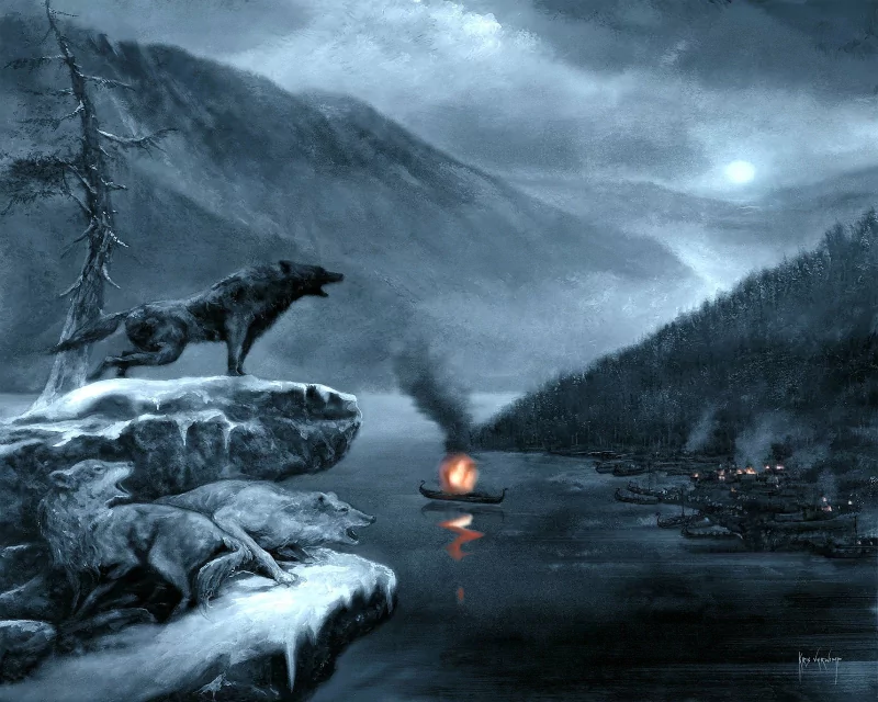 A dramatic, monochromatic landscape featuring wolves on a rocky ledge, overlooking a river with smoke rising from a distant settlement, embodying the fierce spirit of heavy metal music.