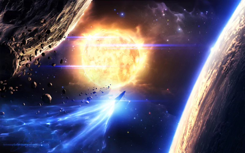 A sci-fi scene depicting a spaceship soaring through space with a bright sun illuminating asteroids and nearby planets.