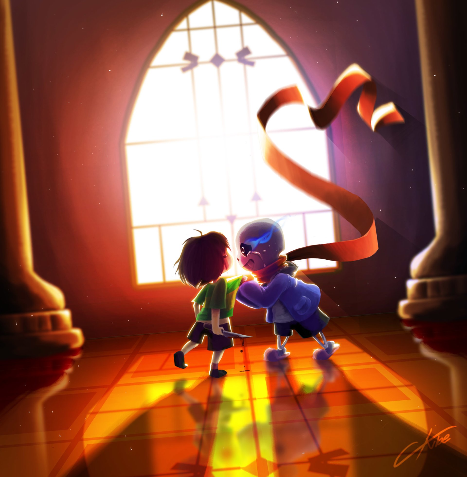 Chara and Sans from Undertale stand in a dimly lit room, illuminated by a grand window, with light casting shadows on the floor, intertwining their fates in a moment of tension.