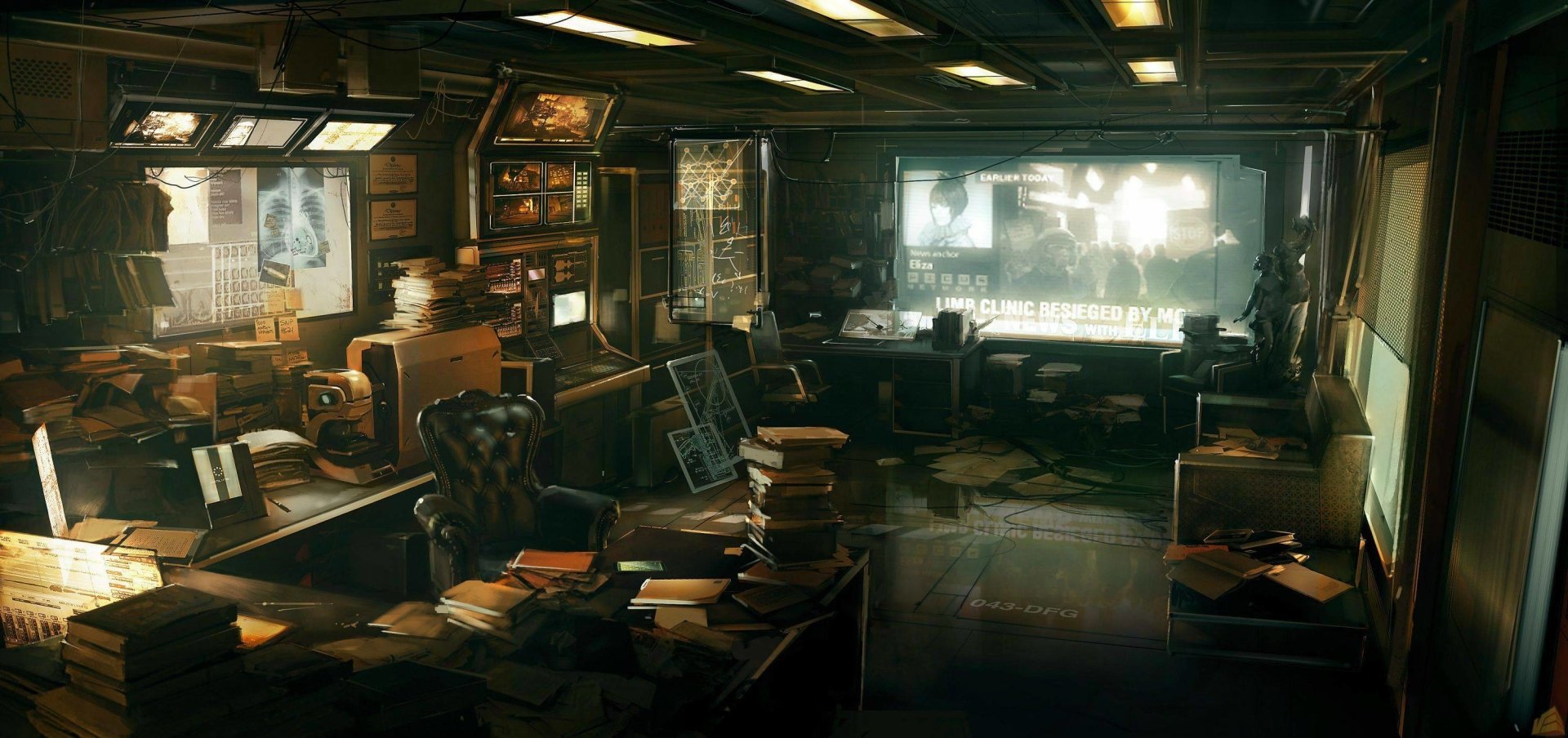 Dim, cluttered cyberpunk office from the video game Deus Ex: Human Revolution — stacked papers, monitors and consoles with a bright window casting light.