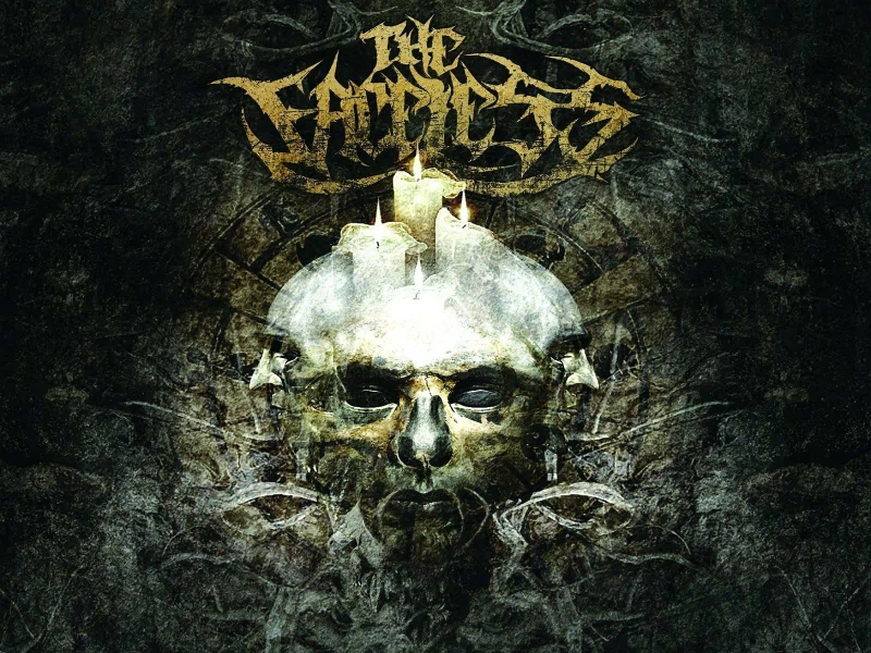 Heavy metal music artwork: metallic skull mask with a candle atop, tangled bone-like roots beneath and a distressed band logo over a dark green-black textured background.
