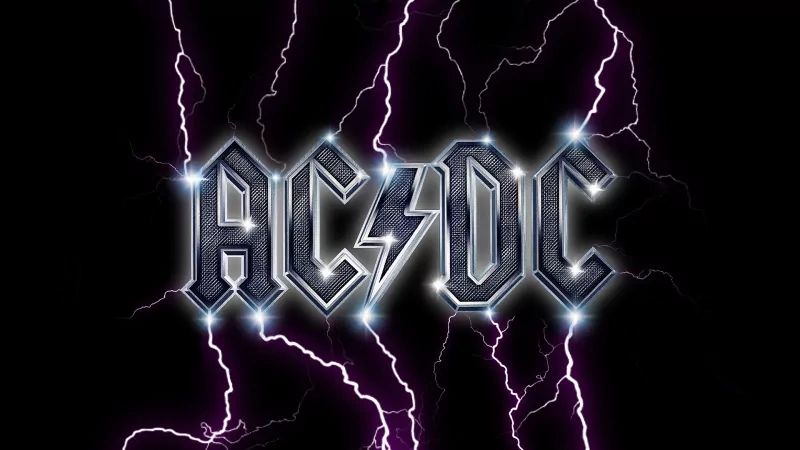 The image features the iconic AC/DC logo, illuminated by a backdrop of striking purple lightning, capturing the essence of the band's electrifying music.
