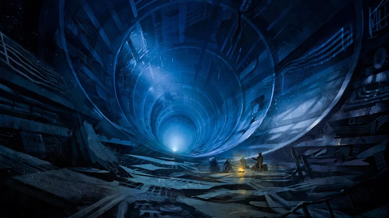 A scene from the comic Romantically Apocalyptic, depicting a dark, atmospheric tunnel with a glowing light at the end and figures gathered around a small fire.