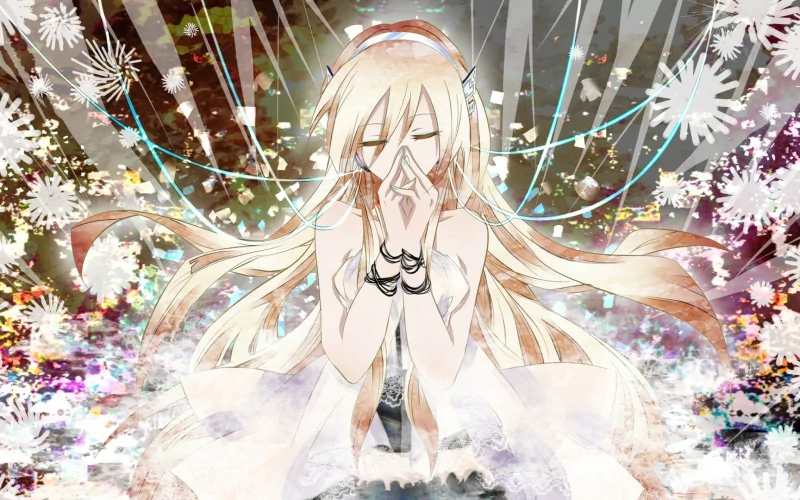 Anime-style illustration of Lily from Vocaloid with long blonde hair, closed eyes, and hands near her face, surrounded by glowing lights and floral patterns.