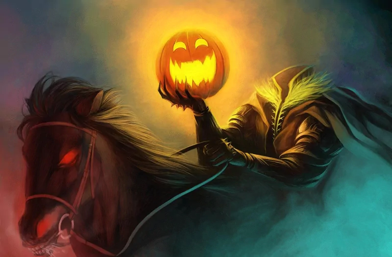 A headless rider on a dark horse holds a glowing jack-o'-lantern, evoking a spooky Halloween holiday scene.