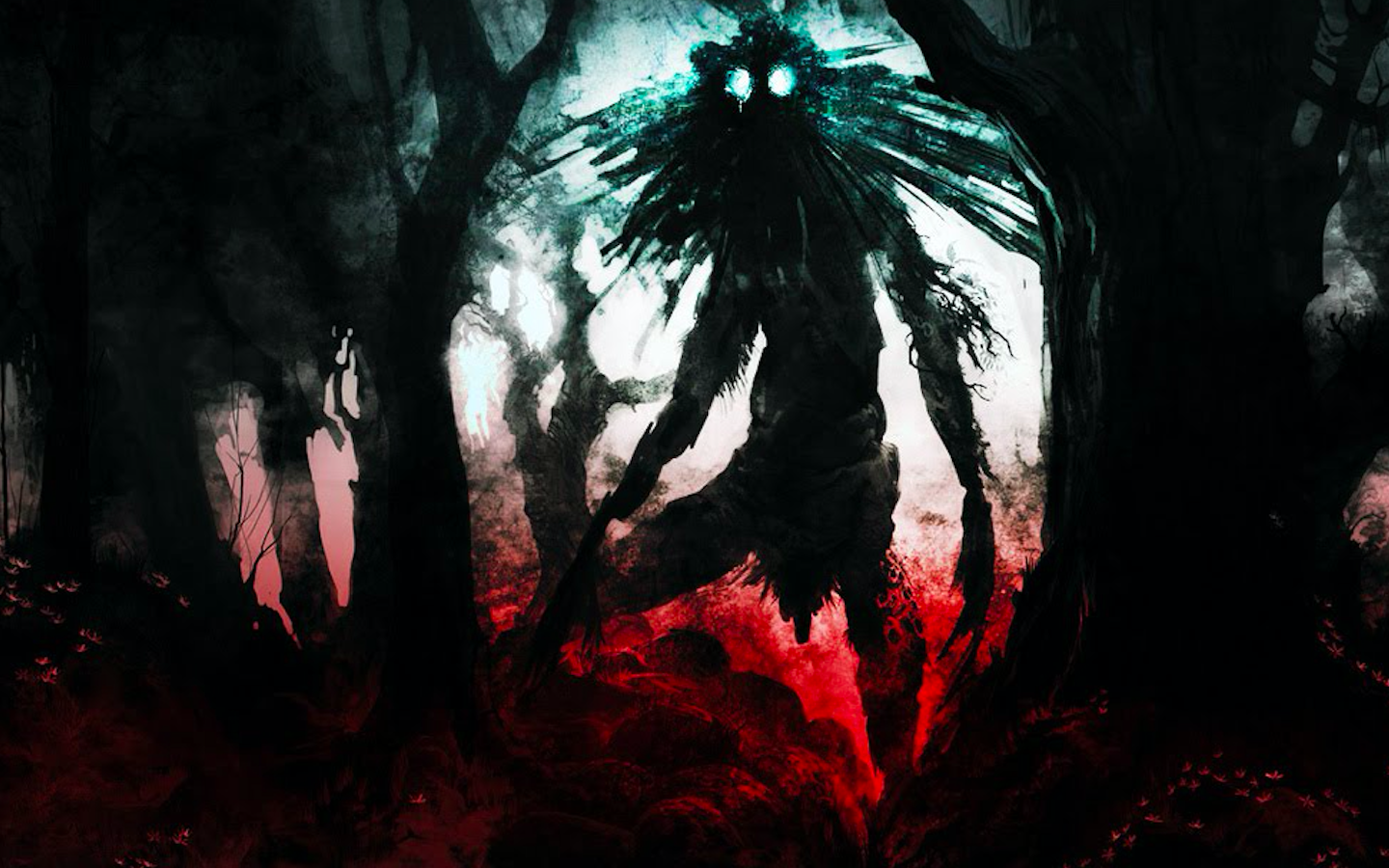 Dark Creepypasta figure with glowing eyes and tattered limbs looming among twisted trees, blood-red undergrowth and shadowy mist.