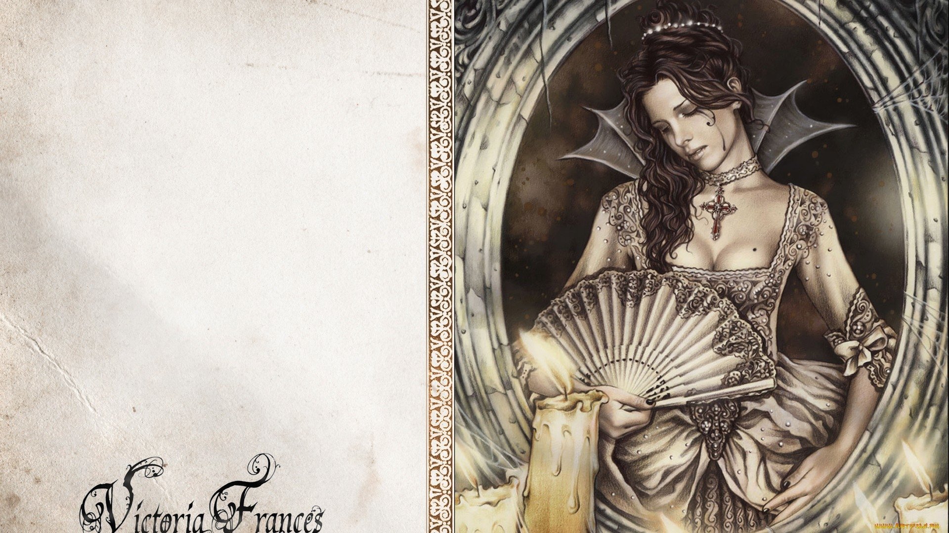 Dark vampire woman in a Victorian gown and choker, holding a fan and candle within an ornate oval frame; faded parchment with decorative lettering at left.