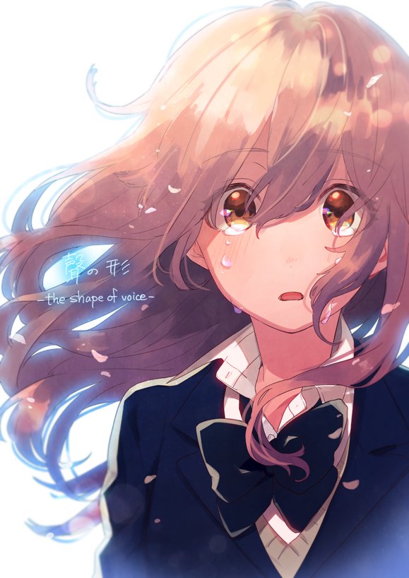 A contemplative Shouko Nishimiya from the anime A Silent Voice, features flowing hair and expressive eyes, conveying deep emotion in a soft, ethereal background.