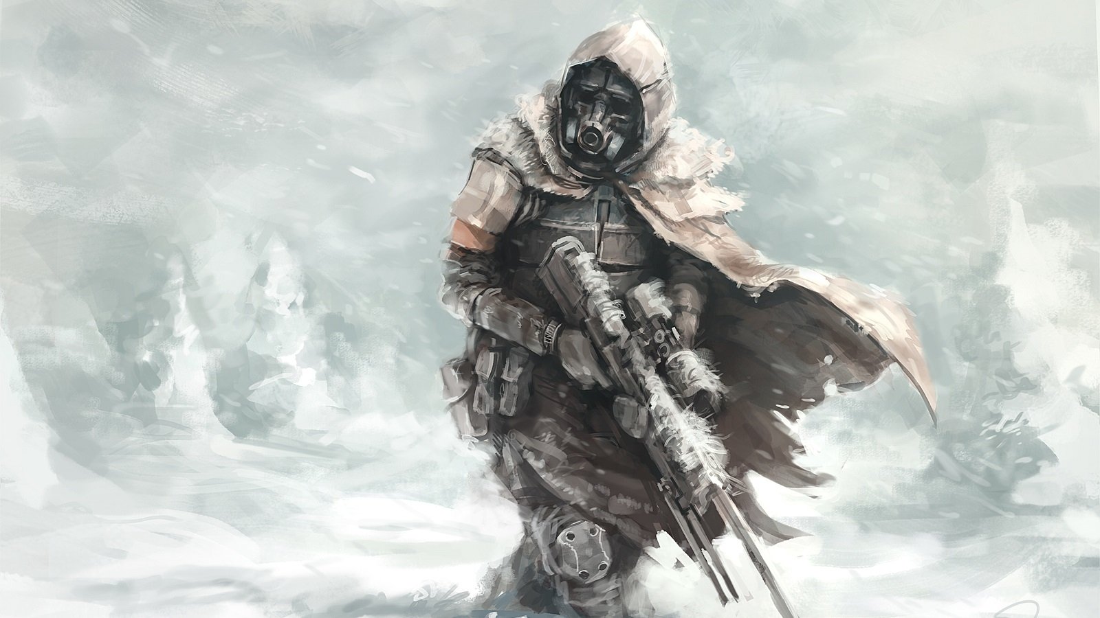 A warrior in a gas mask stands in a snowy landscape, draped in a hooded cloak, holding a futuristic sniper rifle, embodying a striking Sci-Fi aesthetic.