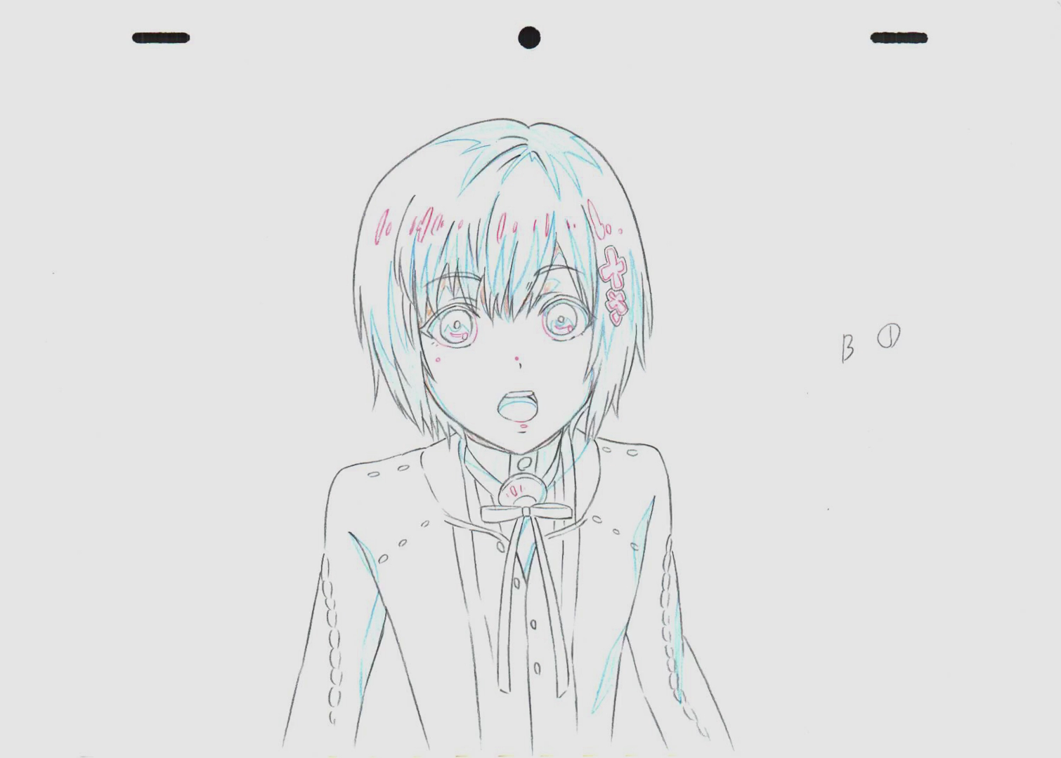 Line-art sketch of Hinami Fueguchi from Tokyo Ghoul: wide-eyed, open-mouthed, short bob with flower hairpins, wearing a bow-tied school uniform.