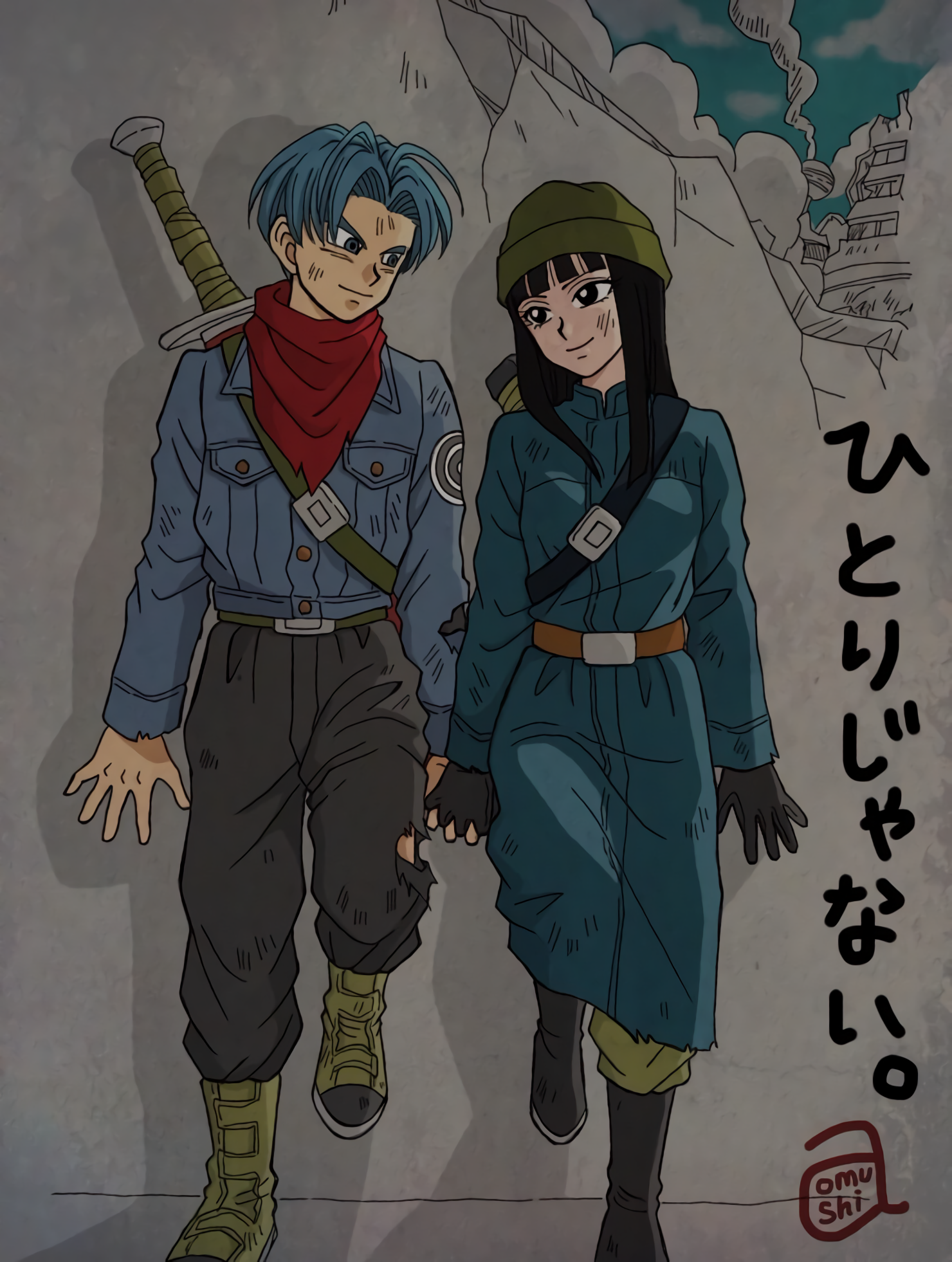 Trunks and Mai from Dragon Ball Super stroll hand in hand through a post-apocalyptic landscape, showcasing their bond in this engaging anime illustration.